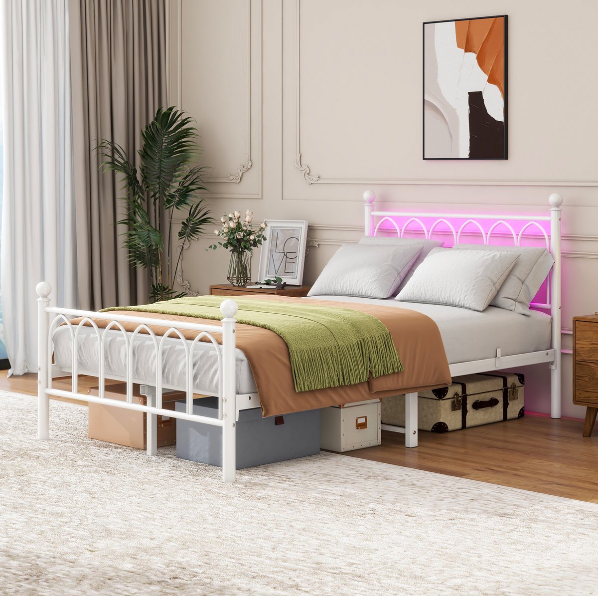MIVRAY Metalen Bed 120x200 cm - Met Hoog Hoofd en Voetbord, LED en USB Oplaadpunt - Zonder Matras en Onderbedopberging - Metaal en MDF - Wit