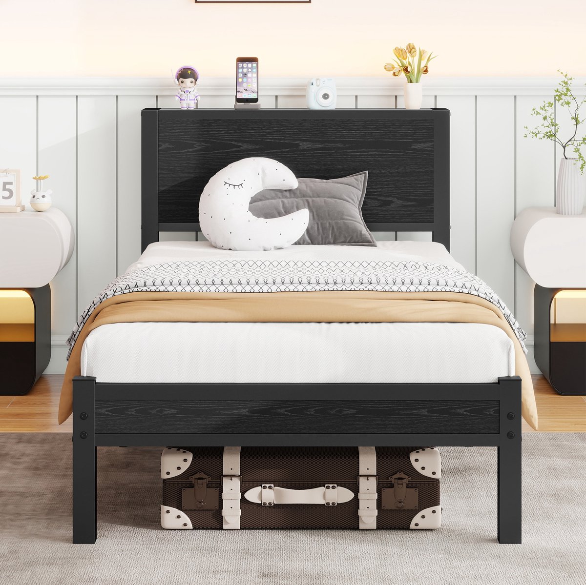 MIVRAY Eenpersoonsbed 90x200 cm Zonder Matras - Met Opberg Hoofdbord en Voetbord - Zonder Boxspring - Metaal en MDF - Zwart