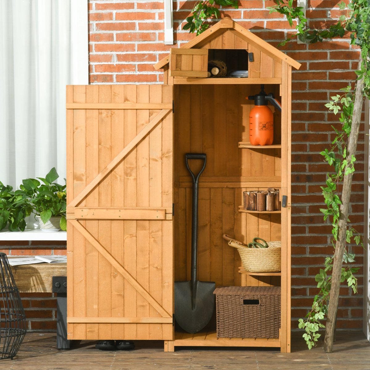 MEUNIQ tuinkast van hout 77 x 54,2 x 179 cm met 3 uitneembare schappen, raam en waterdicht dak, opbergkast voor tuingereedschap en tuinspullen, geel