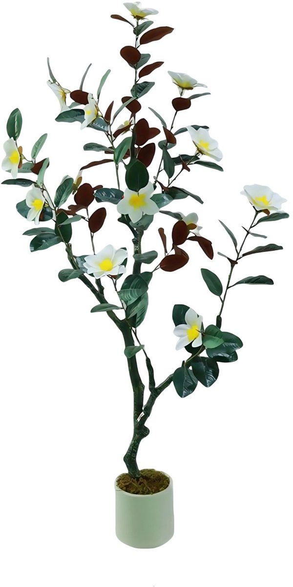 Kunst Magnolia Boom 150cm - Realistisch design met Bloeiende Bloemen - voor tuin en interieurdecoratie - Groen Kunststof in Pot - 180 cm