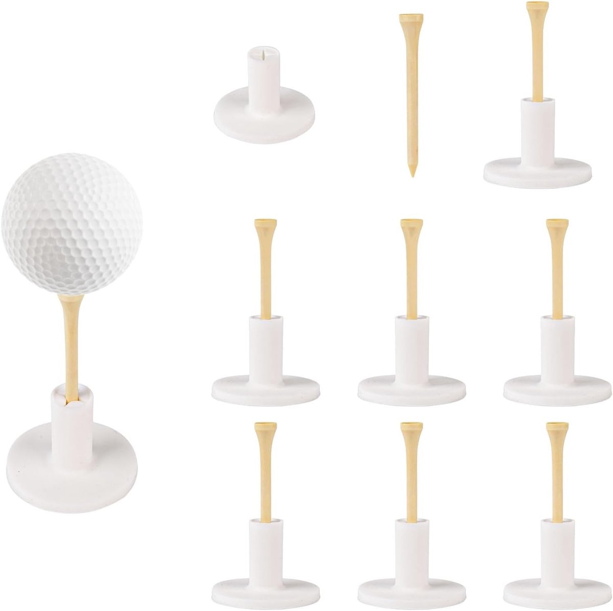 8-delige Golf Tee Houder met Rubber Golf Tees en Houten Ballen Spikes voor Driving Range en Indoor Training