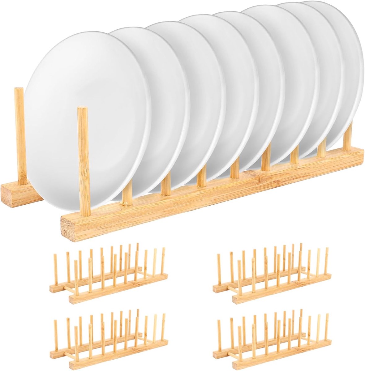 Thijox - 5 stuks bamboe bordenstandaard, bordenhouders voor flessen, afdruiprek, houten serviesstandaard, pannendekselhouder, keukenaccessoire, 8 sleu