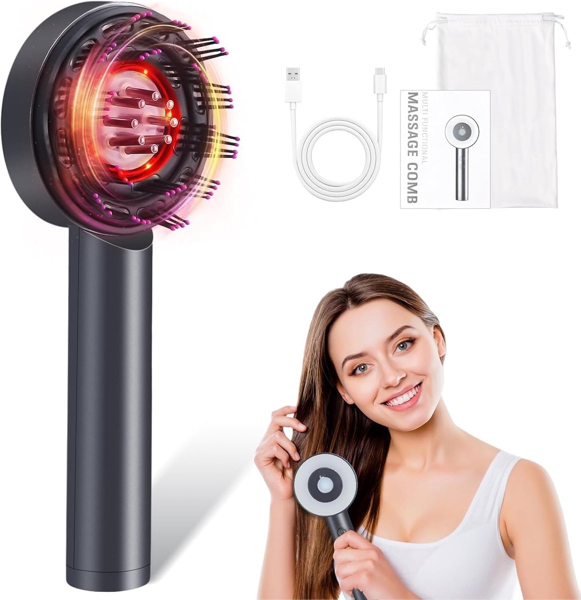 Thijox - 2-in-1 Hoofdmassageborstel en Haarolie-applicator, Elektrisch Hoofdmassageapparaat met Rood en Blauw Licht, Voor Hoofdhuid Ontspanning en Haa