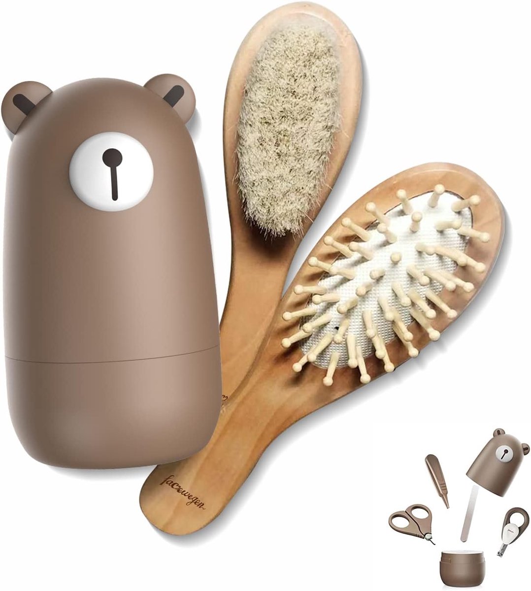 SnelShoppen - Baby 6-in-1 Verzorgingsset met Natuurlijke Houten Haarborstel, Kam, Nagelschaar, Nagelvijl en Pincet voor Kinderen en Pasgeborenen in Sc