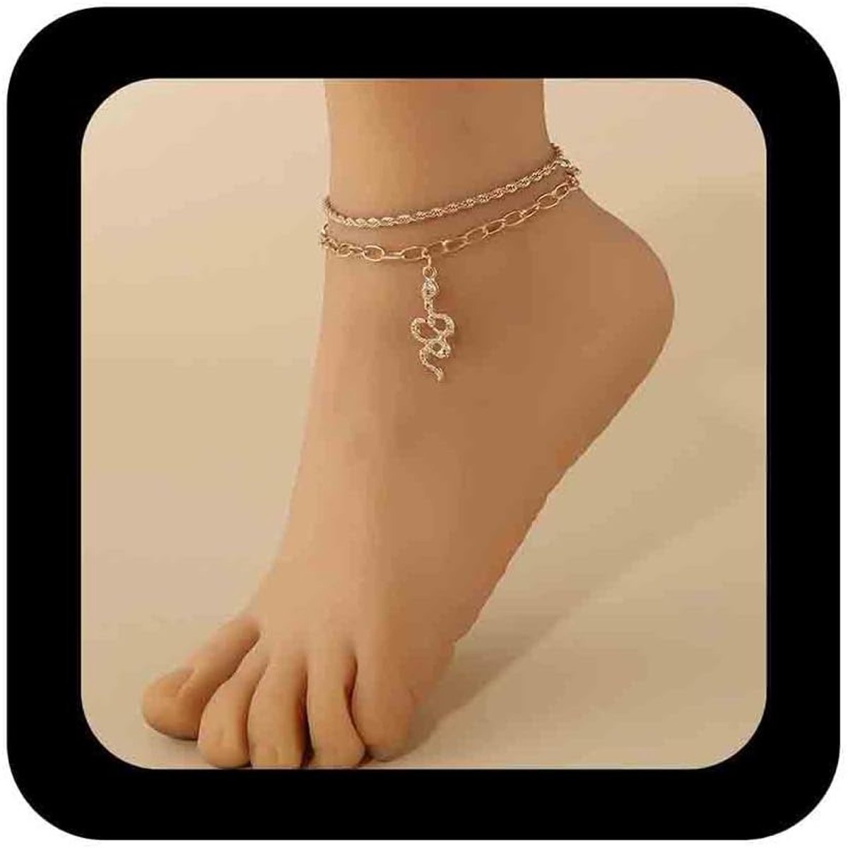 Gelaagde Boho Slangen Enkelband met Dikke Paperclip Ketting en Hangende Slang, Dubbele Laag Sieraden voor Vrouwen, Perfect voor Punk en Casual Stijl