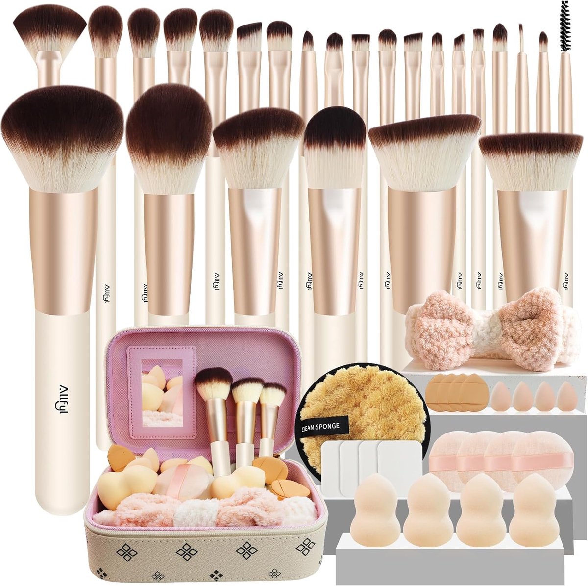 SnelShoppen - Set van 49 Professionele Make-up Kwasten - Complete Brush Set met Foundation Kwast, Luxe Leren Etui en Spiegel - Perfect Cadeau voor Mak