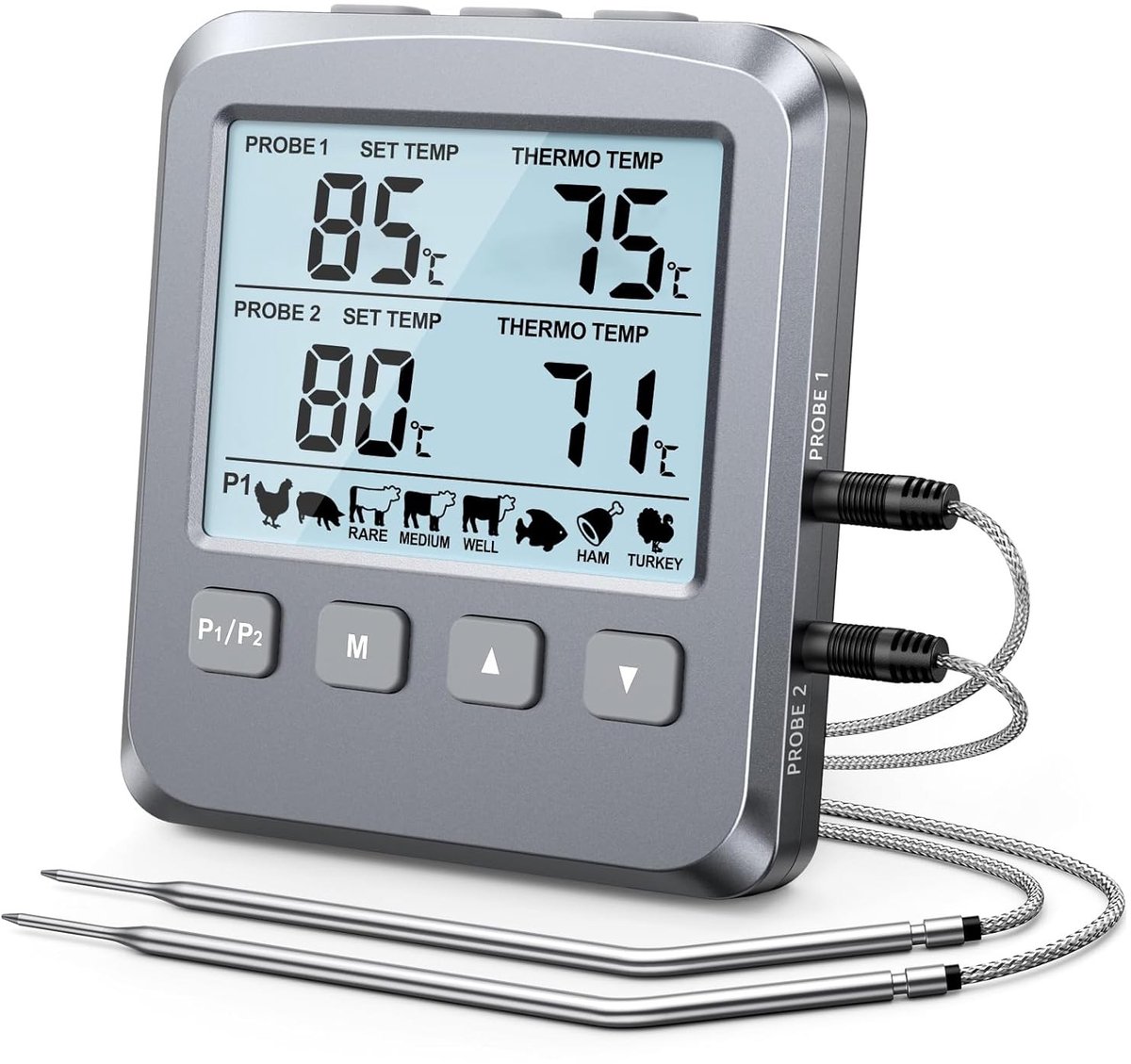 Digitale Vleesthermometer met Dubbele Probe, Grill- en Kookthermometer met 8 Vooraf Ingestelde Temperatuur, LCD Scherm en Alarm voor Perfecte Roostertijden, Ideaal voor BBQ, Oven en Rookoven