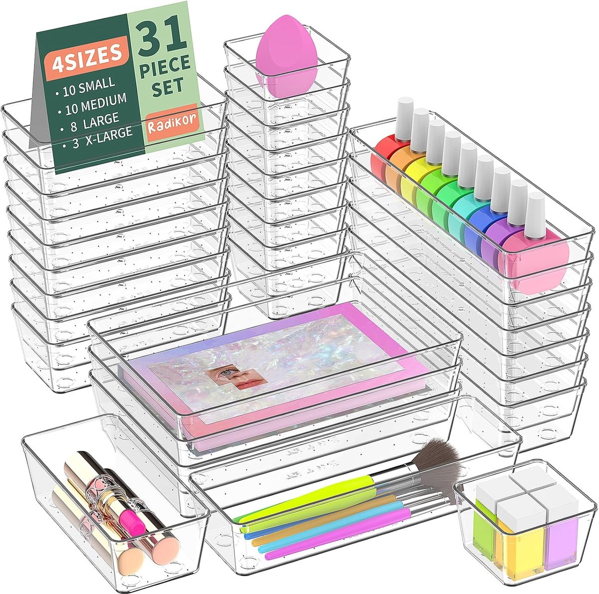 SnelShoppen - Radikor Lade-organizer 31-delig, Transparante Ladeboxen voor Make-up, Cosmetica, Kantoorbenodigdheden, 4 Maten, Lade-opbergsysteem voor