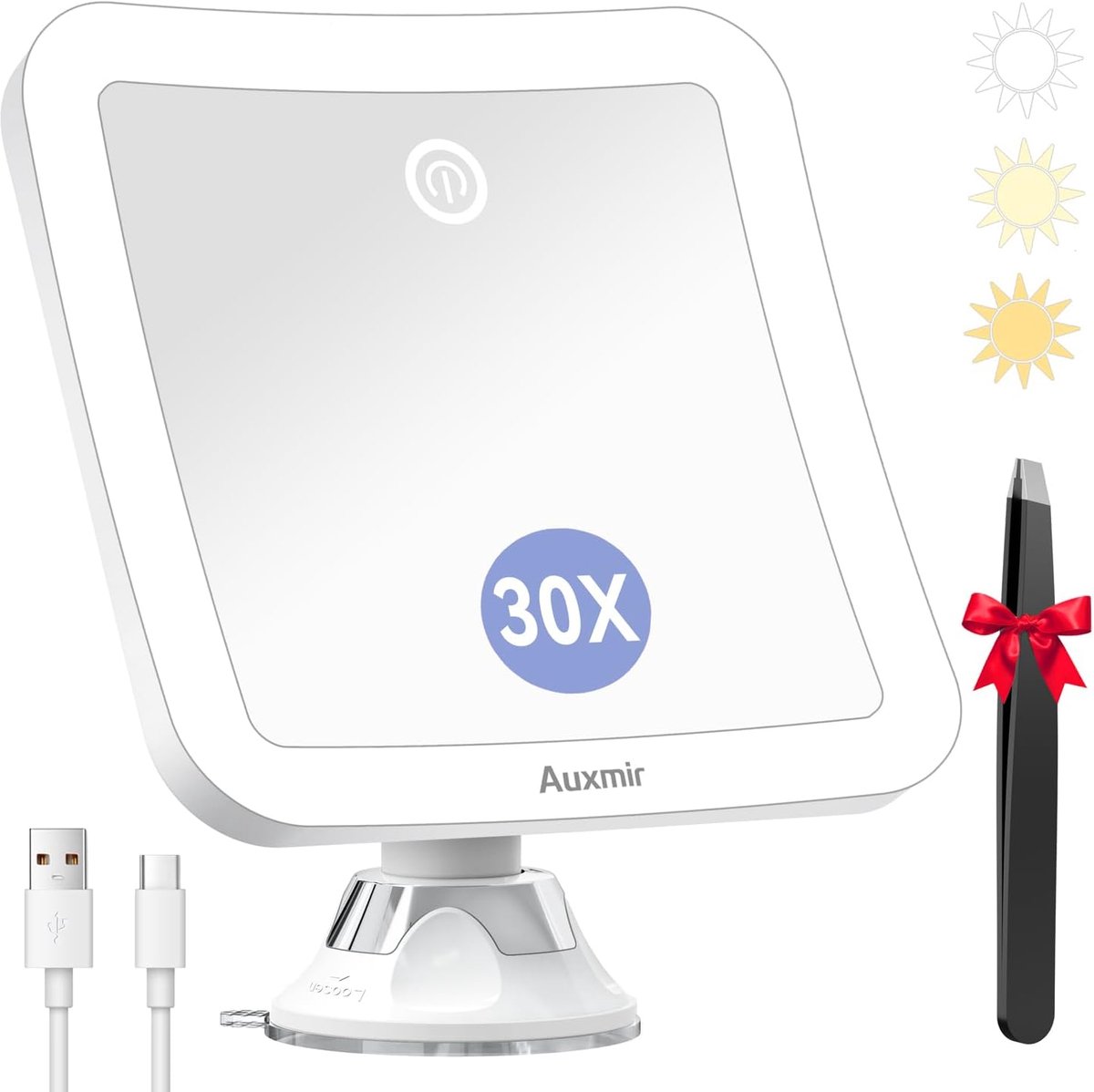 Thijox - Vergrootspiegel met Licht 30x, Oplaadbare Make-up Spiegel met Zuignap, 360° Draaibaar, 3 Lichtkleuren voor Badkamer en Reizen, Inclusief Pinc