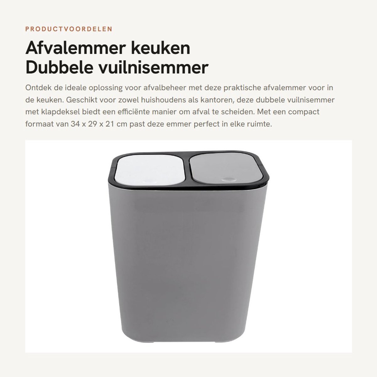 Dailygoods- Afvalemmer met klapdeksel - Dubbele Vuilnisemmer - Kunststof Afvalemmer - Recyclingcontainer - Papiermand - Compacte Afvalbak - Vuilnisbak