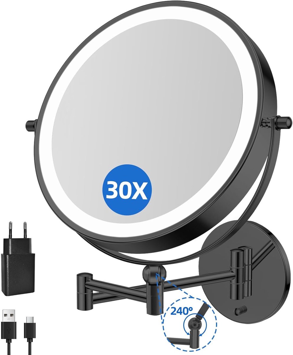 Thijox - Make-upspiegel 1x/20x vergroting, oplaadbaar 5000 mAh, dimbaar, LED touchscreen, 360 graden draaibaar, wandspiegel voor badkamer & hotel, 3 k