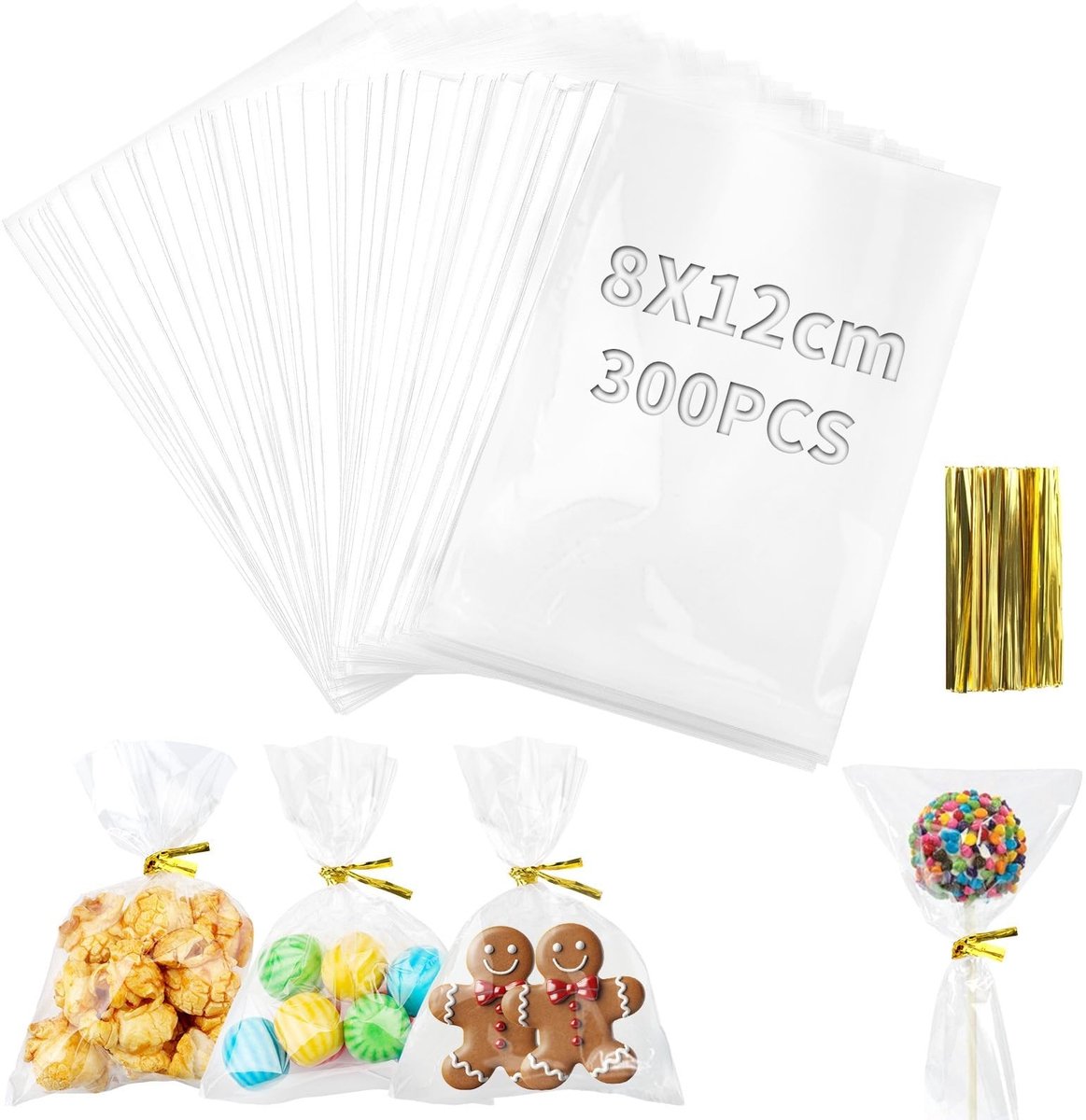 Dailygoods - TXXATX 300 stuks snoepzakjes, cellofaanzakjes, transparant, 12 x 8 cm, doorzichtige zakjes, kleine koekjeszakjes, cellofaanzakjes, cadeauzakjes met stropdassen voor bonbonbon, brood, sieraden,