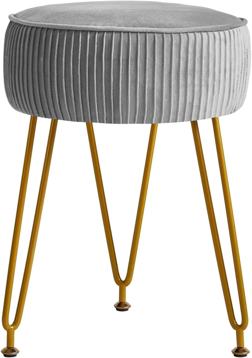 Thijox - Fluwelen Ronde Voetensteun Ottomaanse Poef met Gouden Stalen Poten, Grijs, Make-up Kruk, Bijzettafel, Luxe Fluweel, Ideaal voor Woonkamer, Sl