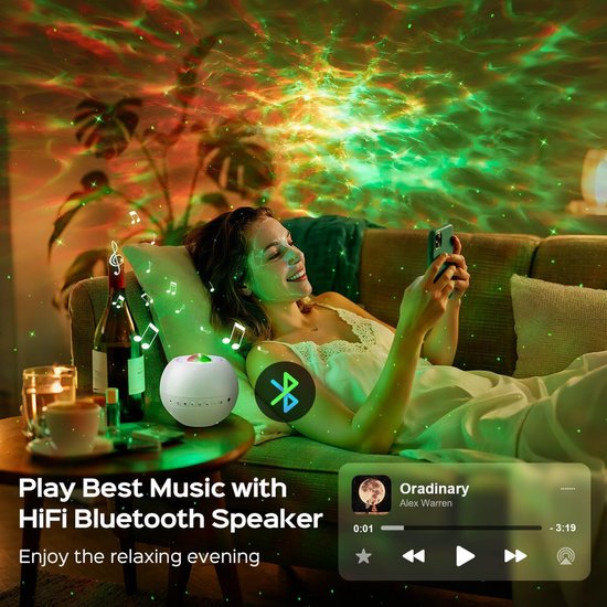 Thijox - Sterrenhemel Projector met 15 Kleuren, 360° Effecten, Melkweg Nachtlampje voor Kinderen en Volwassenen, Bluetooth, LED Licht, 15 Witte Geluid — afbeelding 4