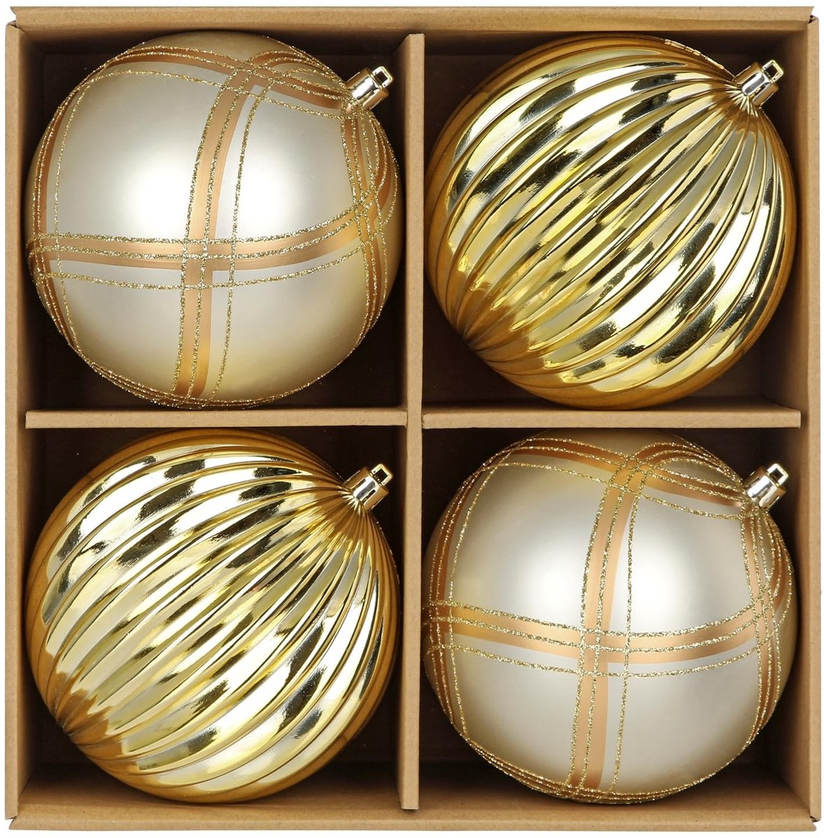 Dailygoods - Set van 4 kerstballen van 12 cm, grote glanzende kerstboomversiering, kerstdecoratie met cadeaupakket, ophanger, kerstboomversiering, sekt, decoratieset voor kerstboom