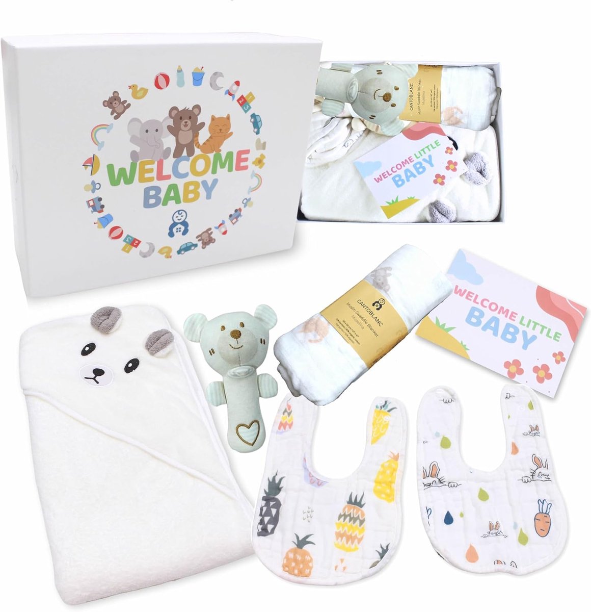 Thijox - Kraamcadeau Baby | Unisex Geboorte Cadeau Set met Bamboe Mousseline 120x120 cm, Badcape met Capuchon, 2 Slabbetjes, Rammelaar en Kaart | Perf