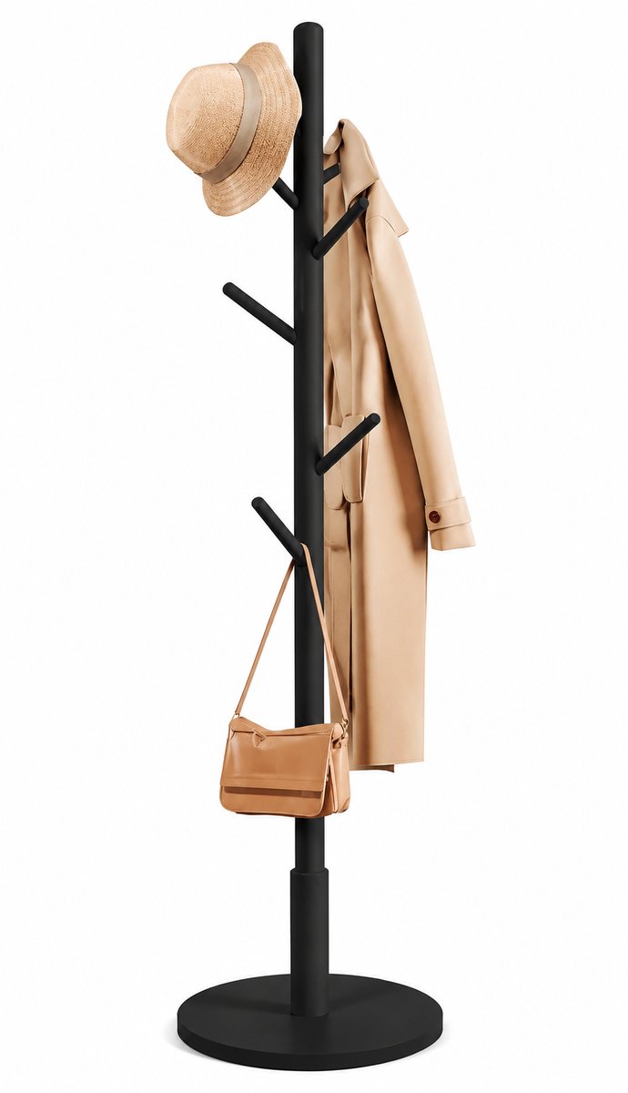 Houten Vrijstaande Kapstok - 8 Haken - Boomdesign Kledingrek Op Poten - 172 x 38 x 38 cm - Staande Garderobe Voor Hal Entree Slaapkamer En Woonkamer - Zwart