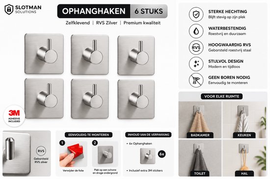 Zes zilverkleurige haken, met informatie over installatie en toepassingen in badkamer, keuken, toilet en hal.