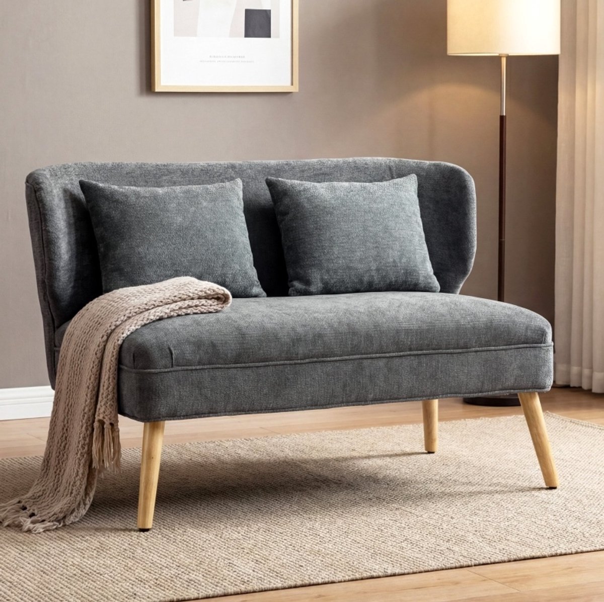 HAUSS SPOLE Zitbank - Compacte 2-Zitsbank - Wingback Met 2 Kussens En Dikke Zitting - Voor Kleine Ruimtes En Woonkamer - Chenille Grijs