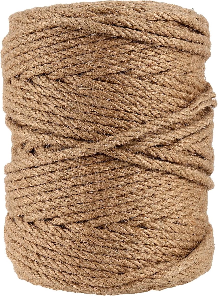 Jute touw 150m x 6mm, 4-strengs gedraaid henneptouw, ideaal voor knutselen, tuinieren en bundelen