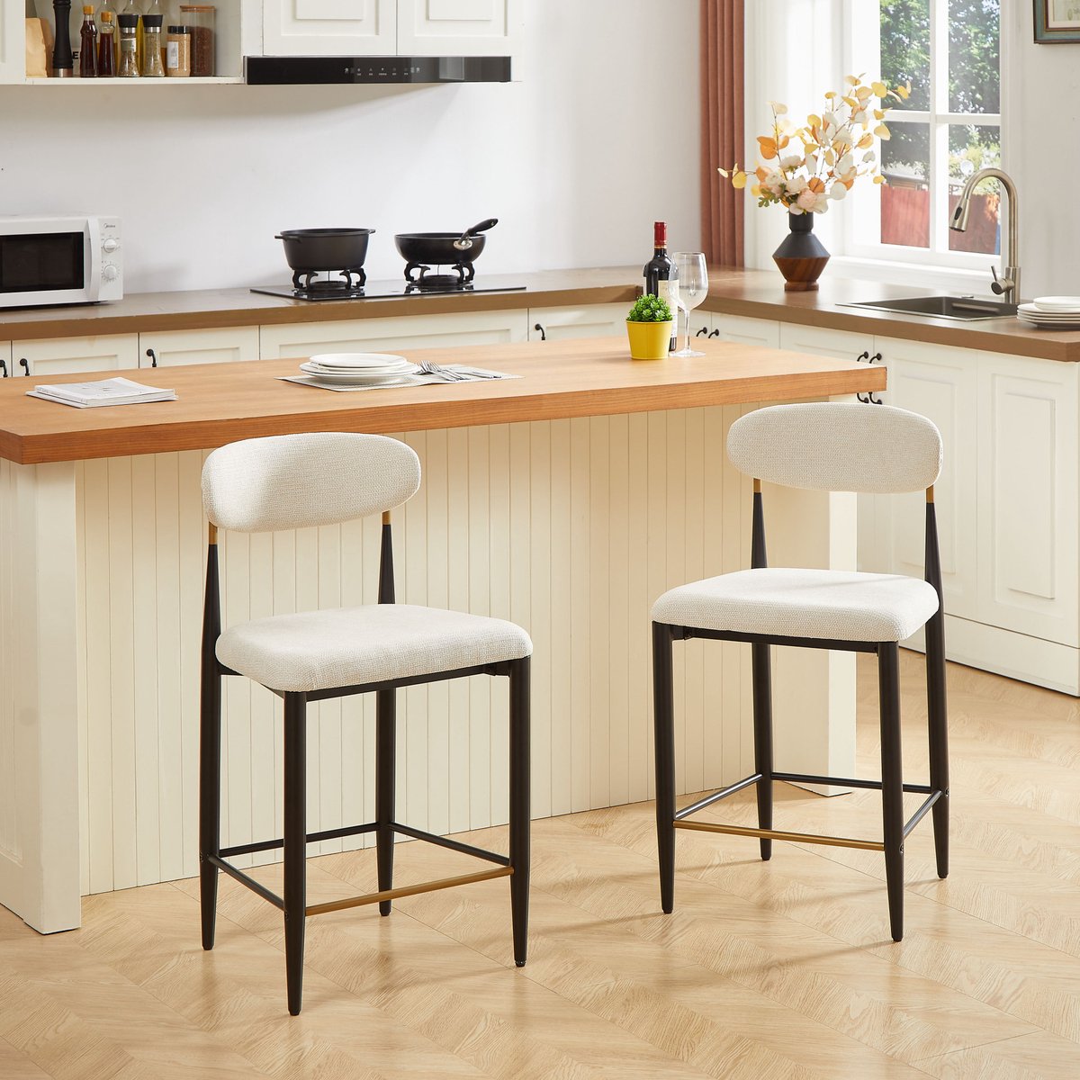 DESMIU Barkruk - Set Van 2 - Ergonomische Gebogen Rugleuning Met Zachte Stoffen Zitting - Voor Keukeneiland En Bar - Metaal Beige