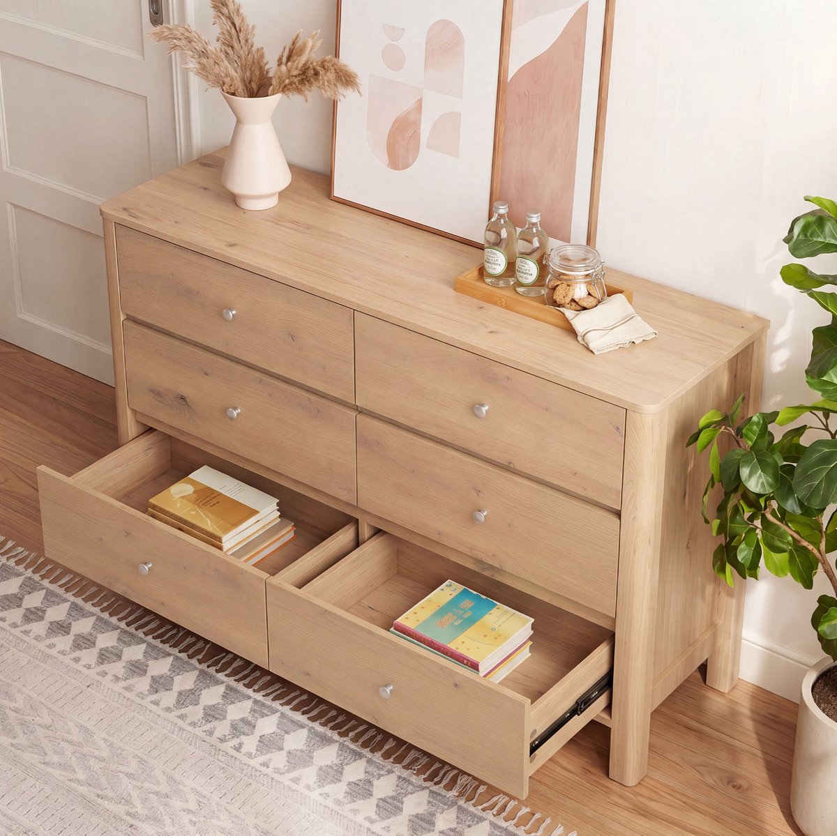 STILVORA Kommode Met 6 Laden - Modern Dressoir Met Veel Opbergruimte En Metalen Greepen - Voor Woonkamer, Eetkamer En Slaapkamer - Spaanplaat - Eiken - 120x40x80 Cm