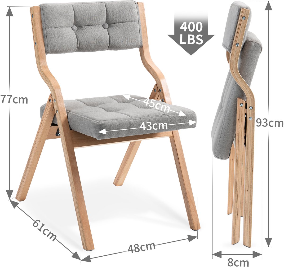 DESMIU Inklapstoel 2-Pack - Met Zacht Gestoffeerde Zitting En Rugleuning - Voor Eetkamer, Keuken, Kantoor En Feest - Hout - Grijs
