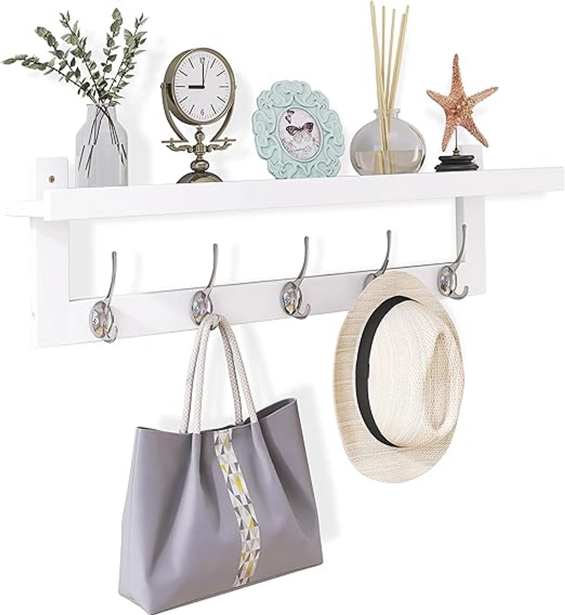 Wandkapstok Met Plank - 74 cm - Bamboe Wandrek Met 5 Dubbele Haken - Muurkapstok Voor Hal Badkamer Slaapkamer En Woonkamer - Ophangrek Voor Jassen Tassen En Accessoires - Wit
