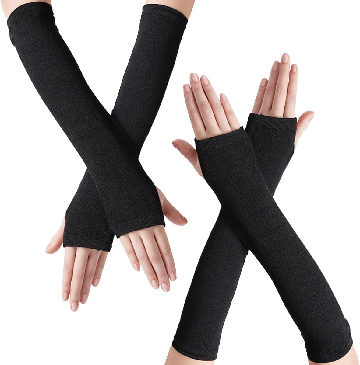 Thijox - 2 Paar Lange Vingerloze Armwarmers - Warme Gebreide Winterhandschoenen met Duimgat - Handwarmers voor Dames in Zwart en Grijs - Perfect voor