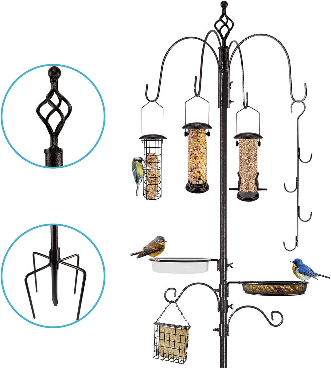 SnelShoppen - Vogelvoederstation voor wilde vogels - Zware vogelvoederstang met hangende kit, metalen rietvoederbak, meerdere voederbakjes en vogelbad