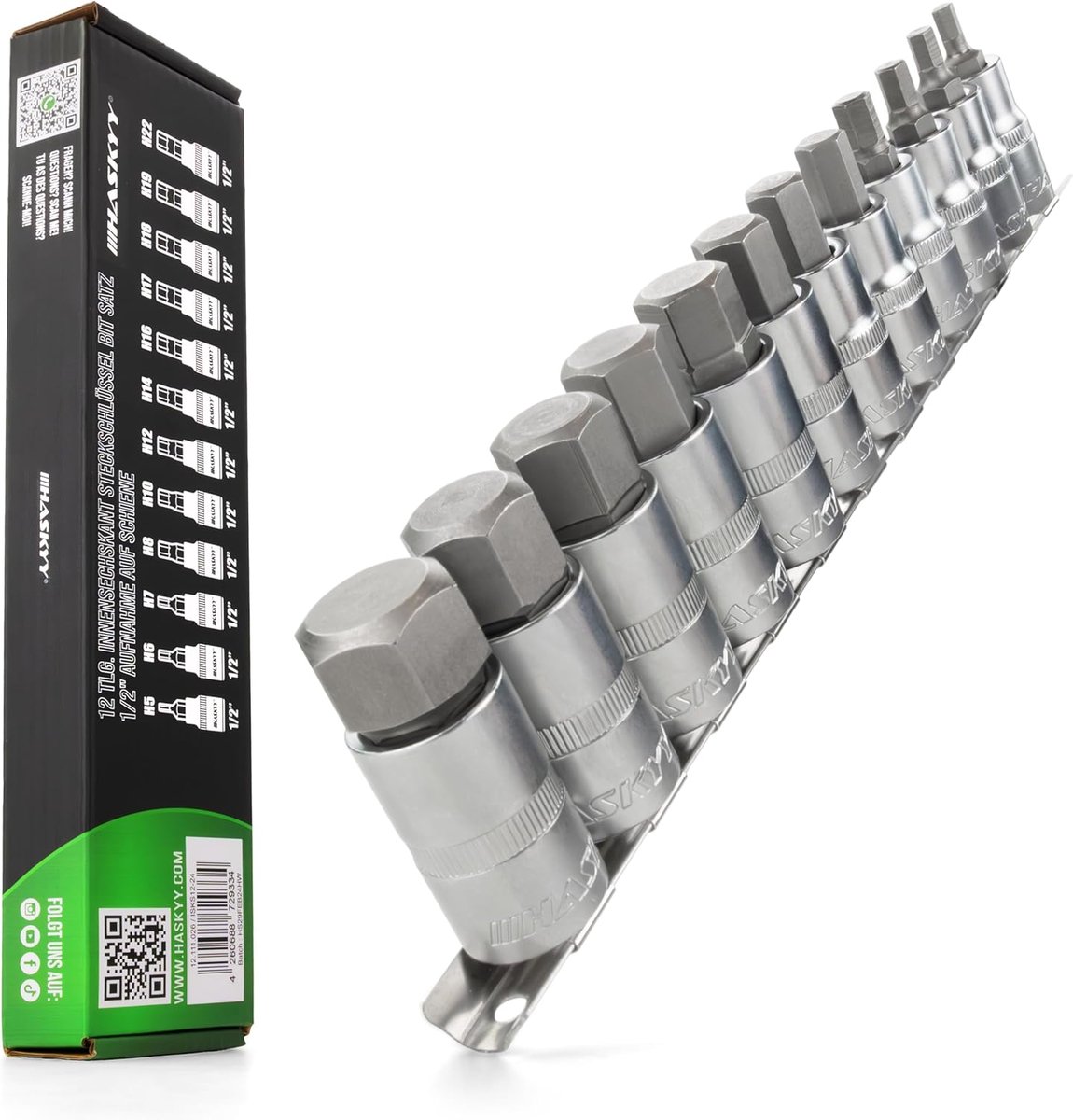 Thijox - 12-delige HASKYY binnenzeskant steekmoerenset 1/2" met moeren van 5-22mm - Inbussleutel bits voor steeksleutel en zeskantset op rail - Perfec