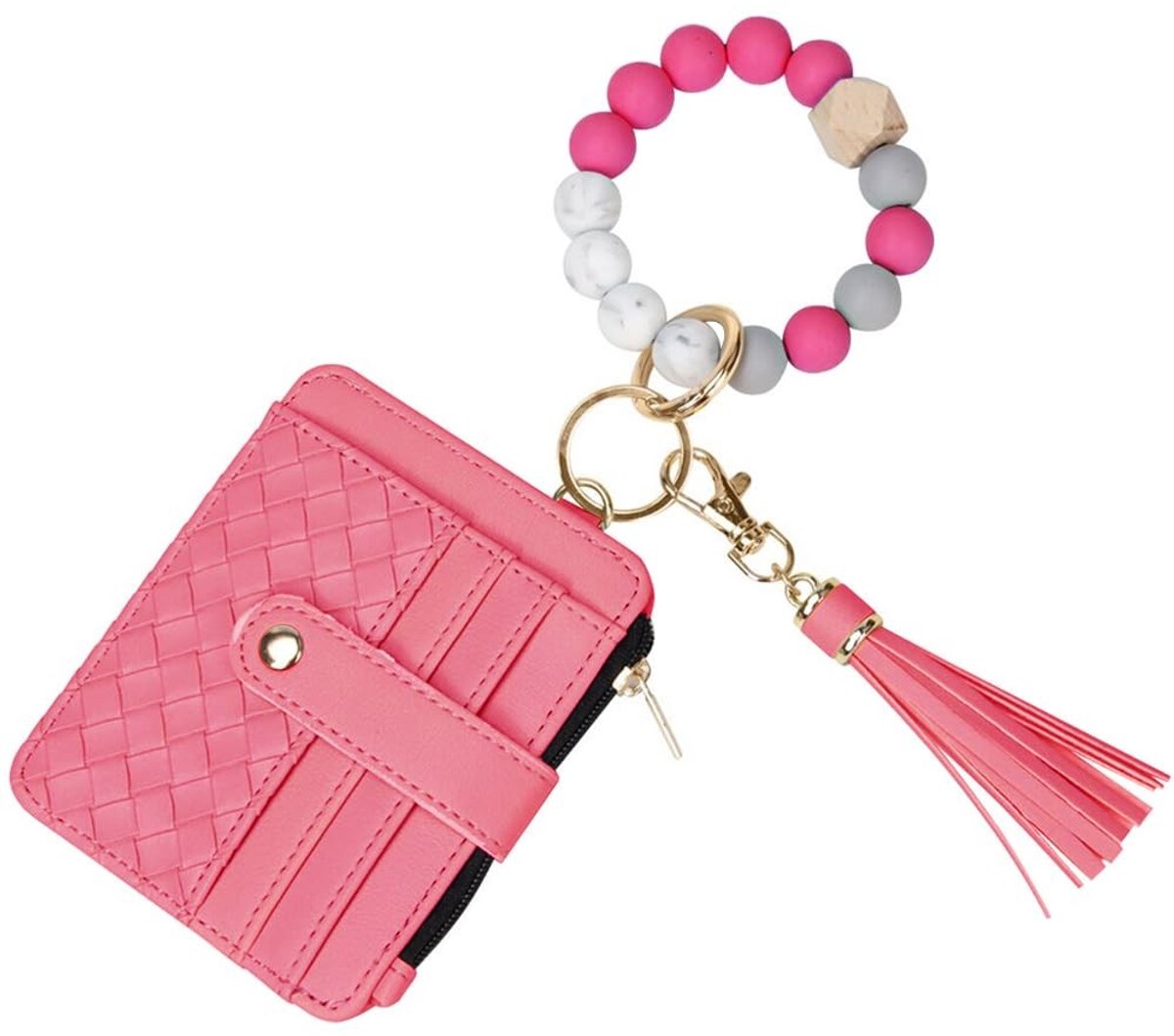 Dailygoods - Polsbandje Sleutelhanger Creditcard Houder Portemonnee, RFID Blokkerende Zip Slanke Portemonnee,Siliconen Bead Kwastje Sleutelhanger voor Vrouwen, Roos, One Size, Sleutelhanger Portemonnee Met Armband