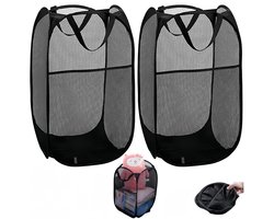 Thijox - 2 Stuks Opvouwbare Wasmand Met Handvat - Draagbare Zwarte Mesh Opbergmanden - Inklapbare Pop-Up Wasmanden Voor Thuis, Camping, Kinderen
