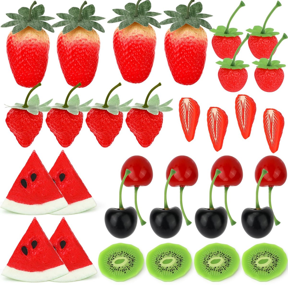 Dailygoods- Nep Fruitset 32 Stuks - Kunstmatige Aardbeien/Kersen - Watermeloen/Kiwi-Plakjes - Decoratie - Doe-Het-Zelf - Lichtgewicht Kunststof - Nep Fruit
