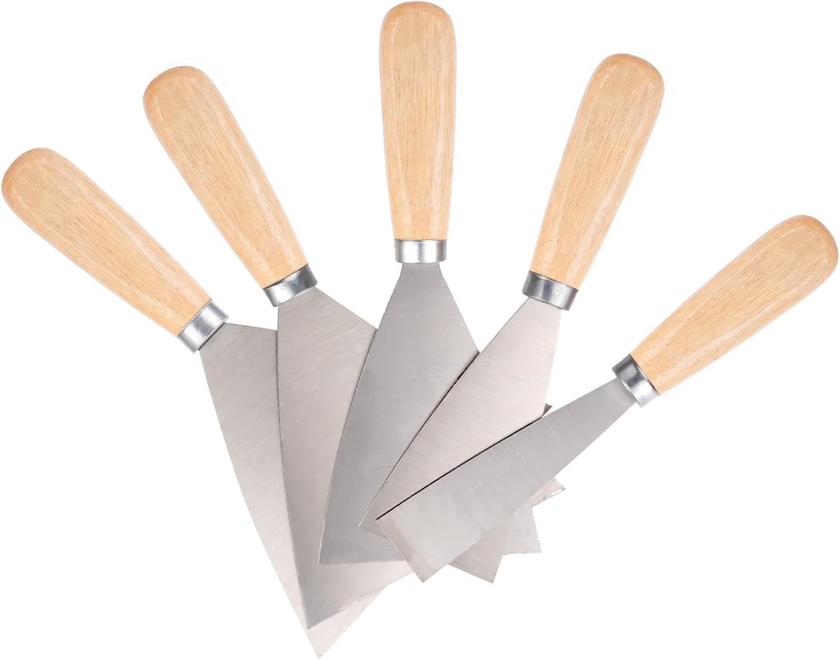 SnelShoppen - 5-delige Spatelset, Spuit- en Vulmes, Houten Handgreep, Putty Knife voor Vullen en Schrapen van Verf of Behang (1/2/3/4/5 inch)