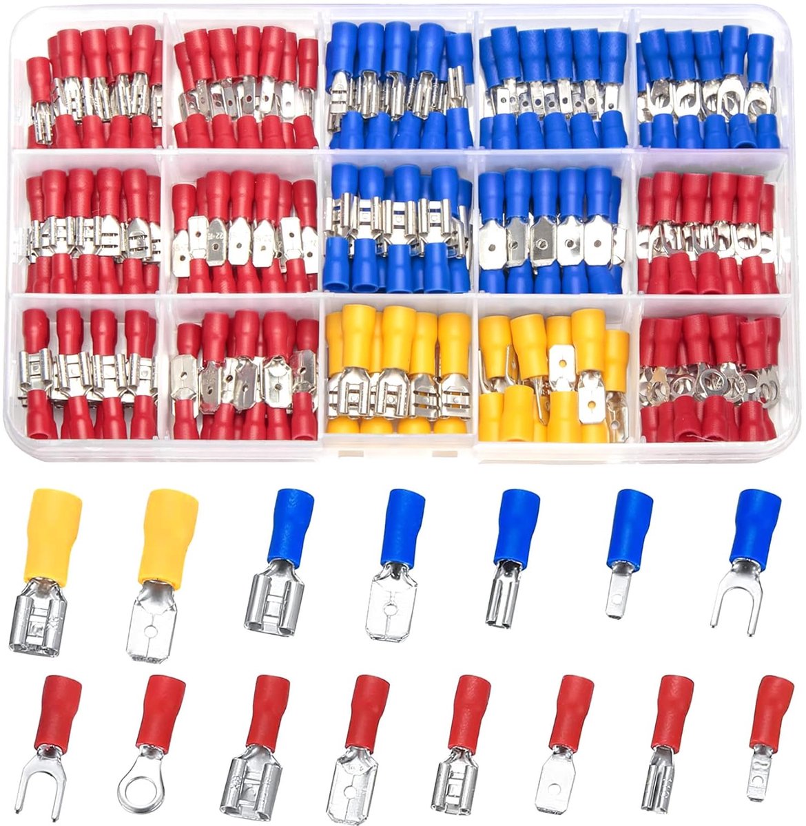 Thijox - Set van 280 Kabelschoenen, Platte Stekkers, Knelverbinders, Assortiment Vork- en Ringkabelschoenen, Elektrische Connectoren in Drie Kleuren v