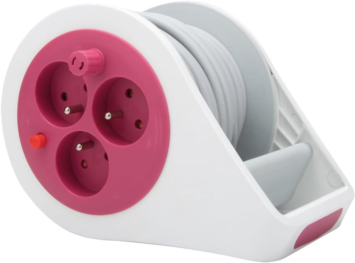 Thijox - Mini-haspel met 3 stopcontacten, 2P+T, 7 m, roze, ideaal voor feest, camping, tuin, keuken, elektriciteit, ergonomisch en gebruiksvriendelijk
