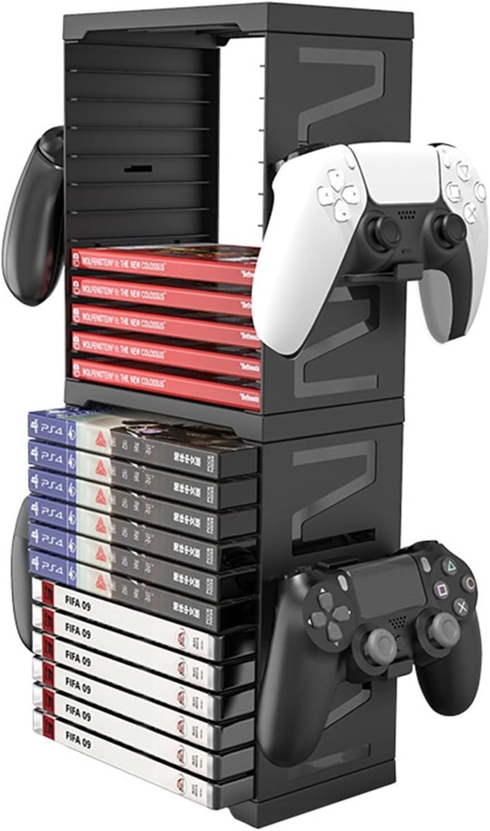 Video Game Opslag Toren voor DVD en Blu-Ray - Universele Organizer voor 24 Games en 4 Controllers, Geschikt voor PS5, PS4, Xbox Series X, Xbox One en Nintendo Switch