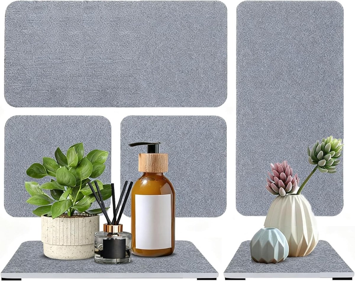 Set van 4 Waterabsorberende Diatomiet Onderzetters, Sneldrogend en Antislip voor Keuken en Badkamer (Grijs)