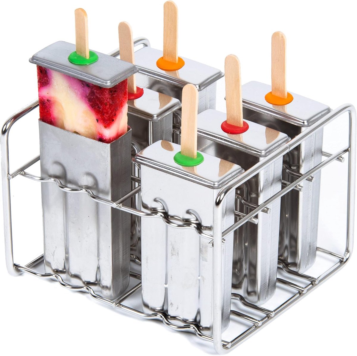 Ijslolly vormen - Ijsblokjesmachine - DIY Ijsjes - RVS - Ijsvormpjes - met Deksel en Ijsstokje - Gemakkelijk te Ontvormen - Inclusief Ijshouder - 6 Stuks