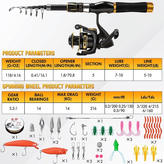 SnelShoppen - Complete Visset 1.8m Telescopische Hengel met Spin Reel, Carbon Fiber, 16 Soft Lures, 100m Vissnoer, Accessoires en Draagtas voor Zoet van Snelshoppen — afbeelding 4
