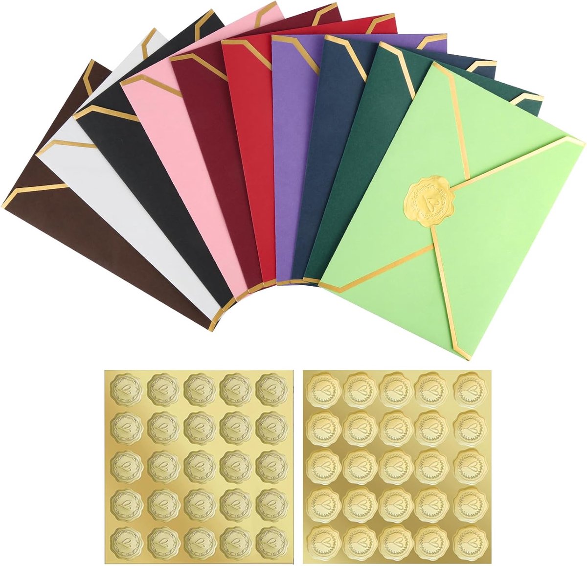 Thijox - 30 stuks kleurrijke mini-enveloppen 11,4 x 16,2 cm V-klep met goudfolie, kleine feestelijke enveloppen voor bruiloften, uitnodigingen, afstud