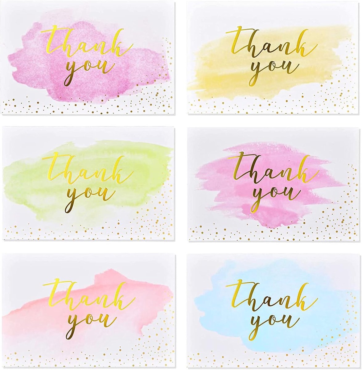 SnelShoppen - 12 Stuks Thank You Cards Goud Folie Waterverf Wenskaarten met Stickers en Enveloppen, 10x15cm, Voor Kinderen, Bruiloften, Babyshowers, M