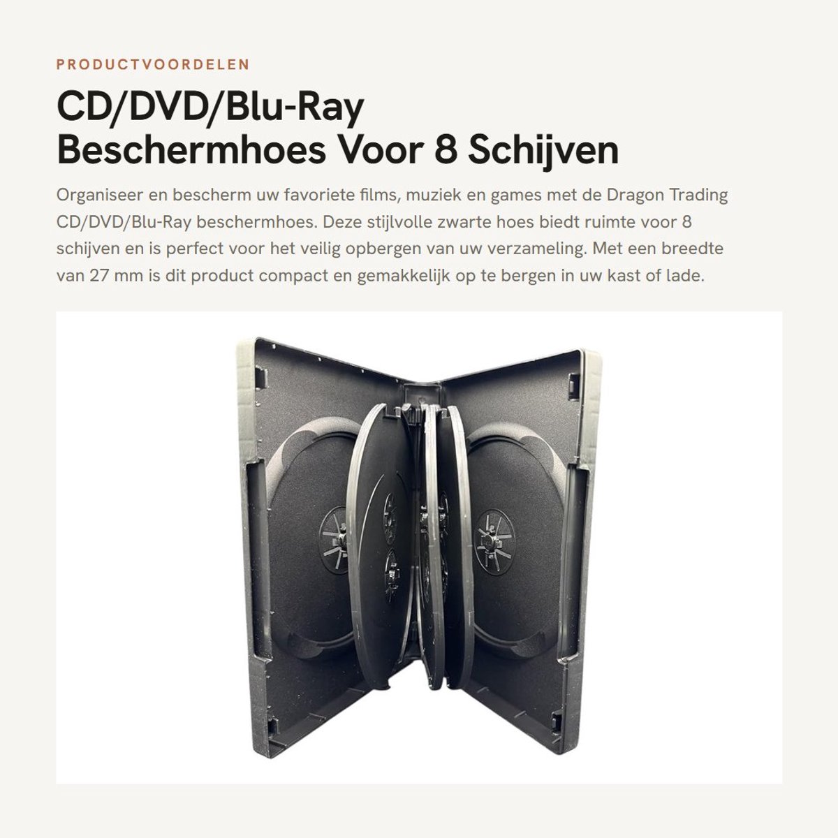 Dailygoods- Beschermhoes voor 8 CD/DVD/Blu-Ray - 27 mm breed - Transparante hoes - Interne vakken - Zwart - Geschikt voor 8 discs