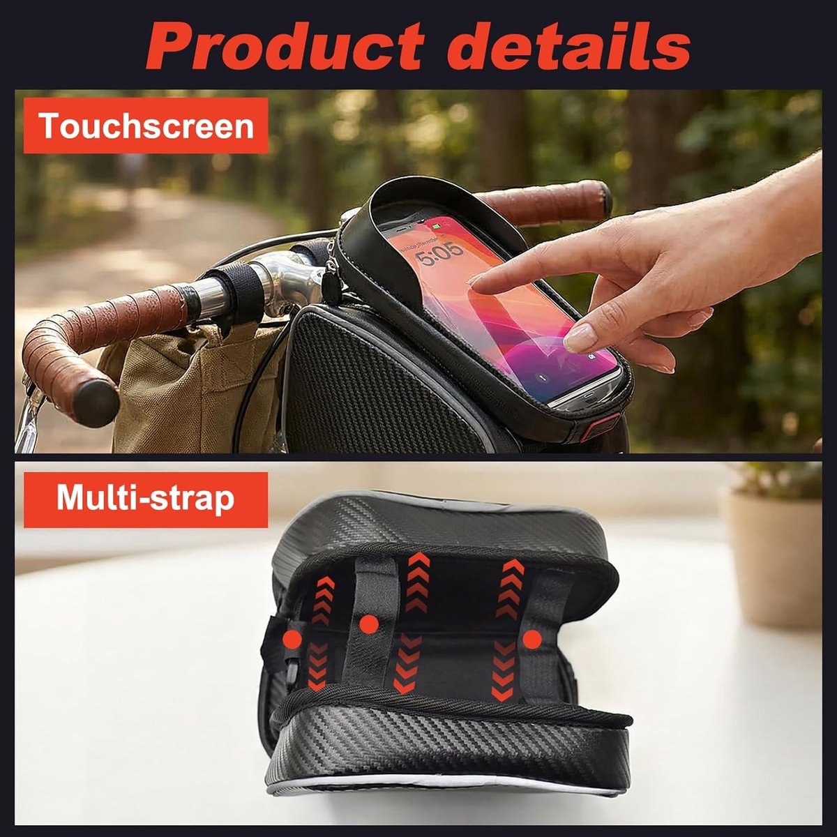 Waterdichte fietstas met gevoelig TPU-touchscreen voor mountainbikes, racefietsen en e-bikes, zwart en praktisch