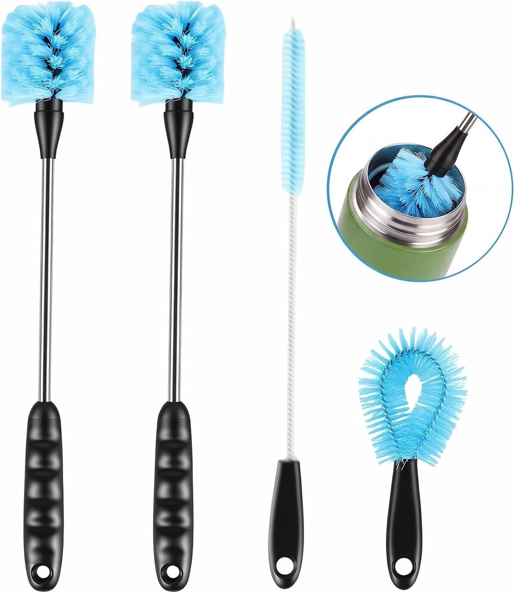 SnelShoppen - 4er set flessenborstels met lange steel - Roestvrijstaal, nylon, voor waterflessen, glazen, bekers, rietjes - Ideaal voor babyflessen, k