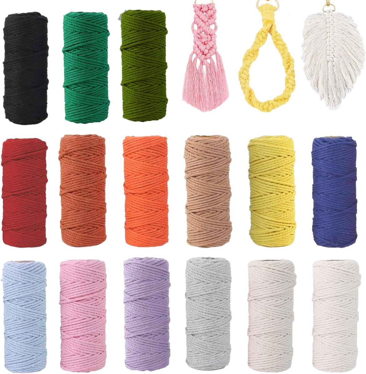 Thijox - Macramégaren Set 15 Stuks - 2 mm x 30 m - Kleurige Katoenen Touw voor Macramé, Knutselen, DIY, Boho Decoratie, Wandbehang, Natuurlijk en Mili