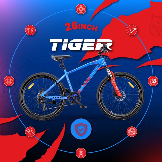 SUN BABY TIGER BIKE Mountainbike 26", MTB-fiets voor jongens en mannen, jeugd fiets 26 inch - stalen frame, 7 versnellingen, schijfremmen, vering - Blauw-Oranje van Sun Baby — afbeelding 3