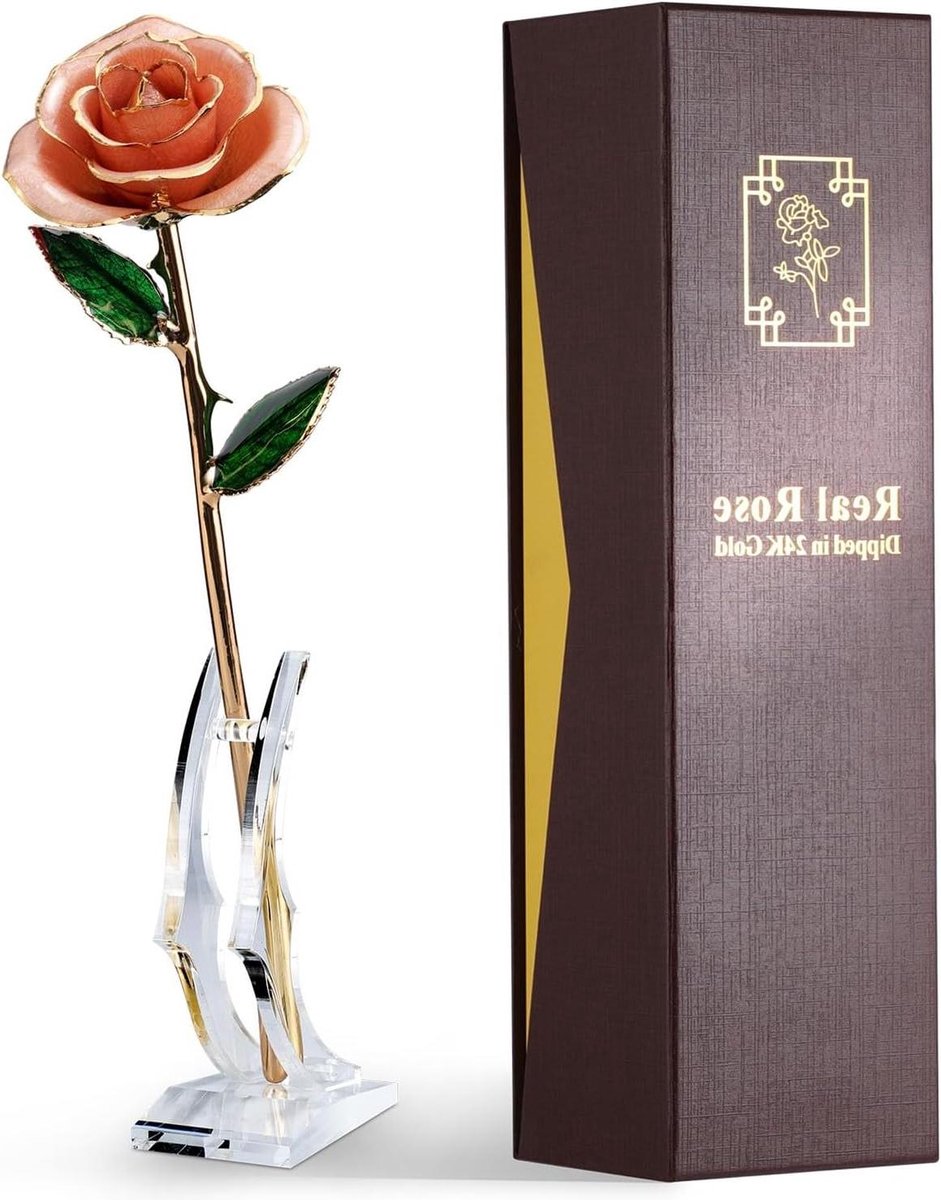 Gouden Roos - Eeuwige Bloem - Romantisch Cadeau - Echt 24K Goud - 28 cm Hoog - Roze