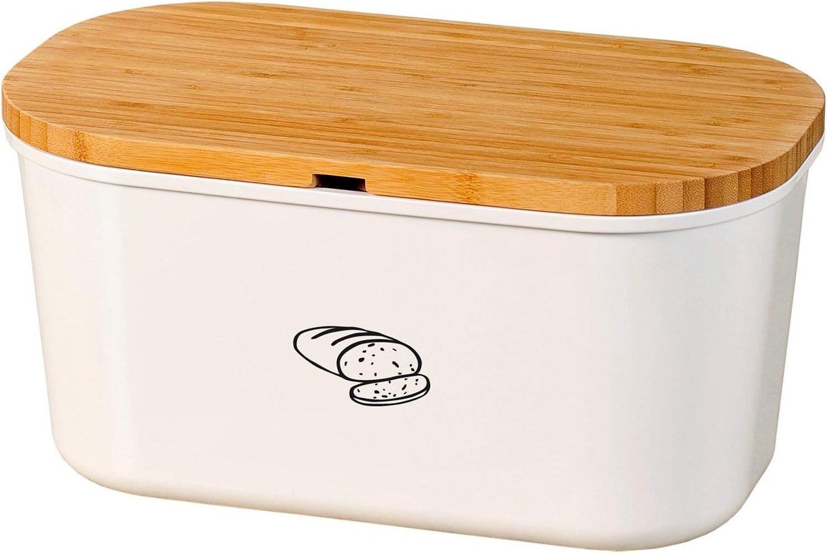 Broodtrommel Bamboe - Keuken Opberger - Brood Vers Houden - Met Snijplank - 37 x 18 cm - Wit Bruin